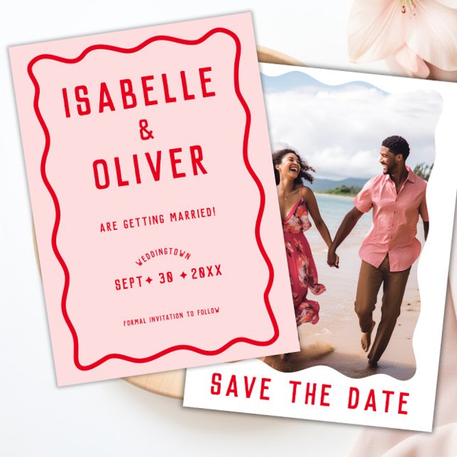 Bold Bright Rosa Red Squiggle Vågigt Retro Photo Spara Datumet (Bold Bright Pink Red Squiggle Wavy Retro Photo Save The Date)