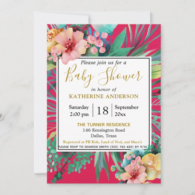 BOLD & BRIGHT ROSA Watercolor Blommigt Baby Shower Inbjudningar (Framsida)