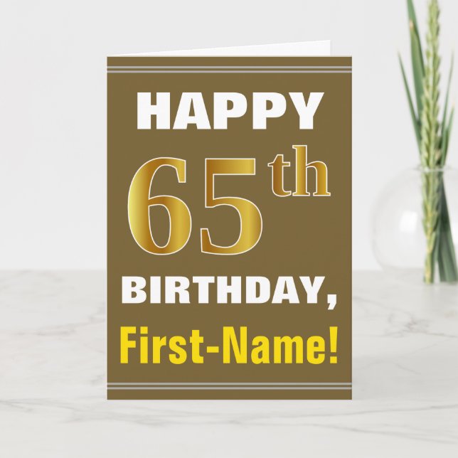 Bold, Brown, Faux Guld 65e Birthday w/ Namn Card Kort (Framsida)