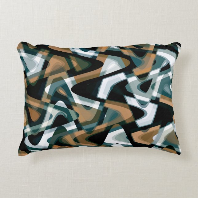 Bold Brown Teal Grönt Black White Vågigt Mönster Prydnadskudde (Framsidan)