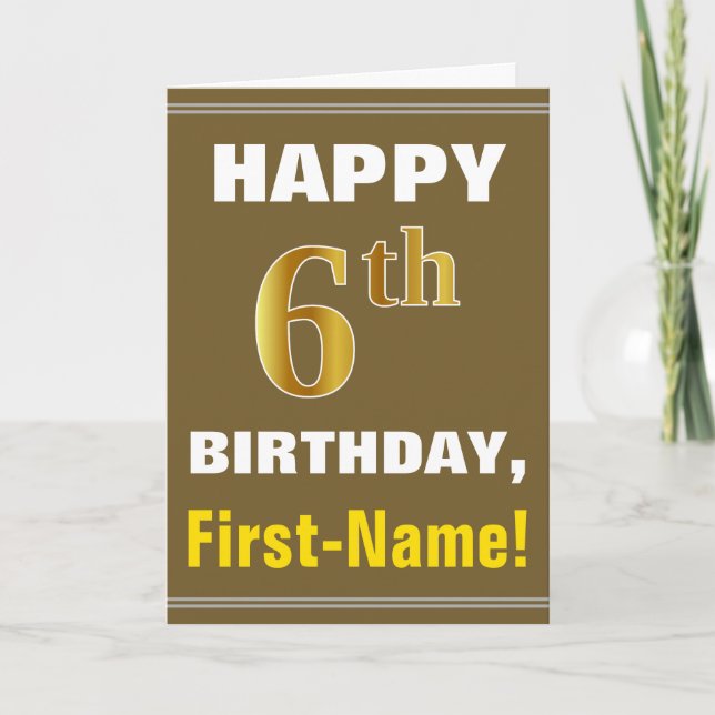 Bold, Brun, Faux Guld 6e, födelsedag med Namn-kort Kort (Framsida)