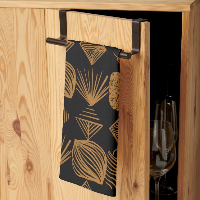 Bold Caribbean Tribal Mudcloth: Black, Guld Kökshandduk (Thirds Fold)