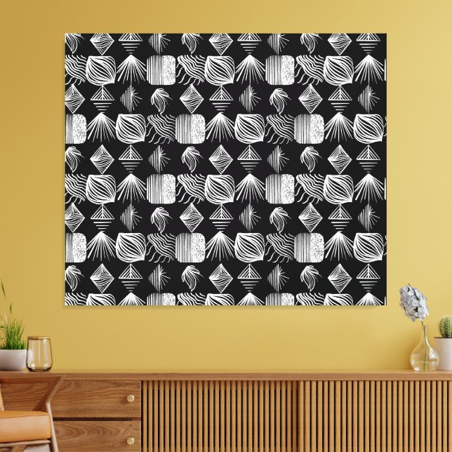 Bold Caribbean Tribal Mudcloth - Black & White Canvastryck (Insitu (Vardagsrum))