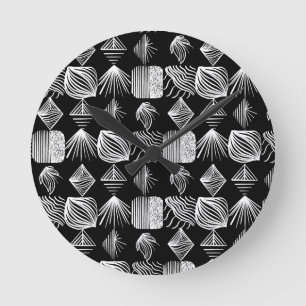 Bold Caribbean Tribal Mudcloth - Black & White Rund Klocka