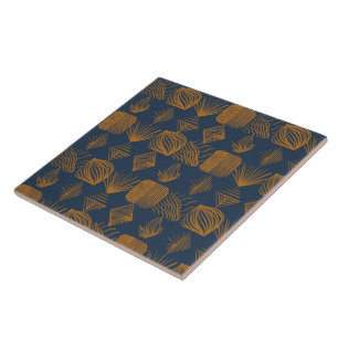 Bold Caribbean Tribal Mudcloth: Navy Blue, Guld Kakelplatta