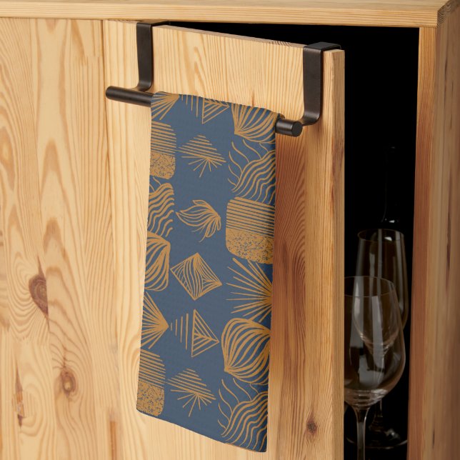 Bold Caribbean Tribal Mudcloth: Navy Blue, Guld Kökshandduk (Thirds Fold)