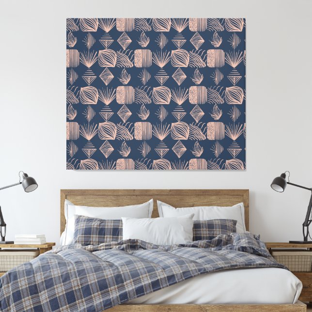 Bold Caribbean Tribal Mudcloth: Navy Blue, Rosa Canvastryck (Insitu (sovrum))