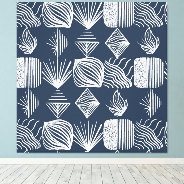 Bold Caribbean Tribal Mudcloth: Navy Blue& White Canvastryck (Insitu (trägolv))