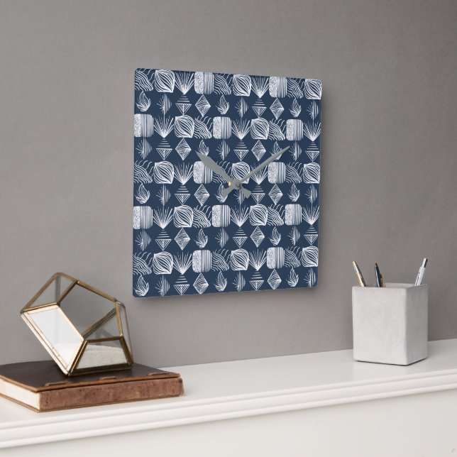 Bold Caribbean Tribal Mudcloth: Navy Blue& White Fyrkantig Klocka (Kontor)