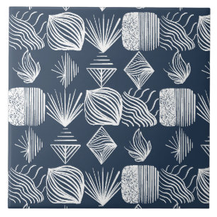 Bold Caribbean Tribal Mudcloth: Navy Blue& White Kakelplatta
