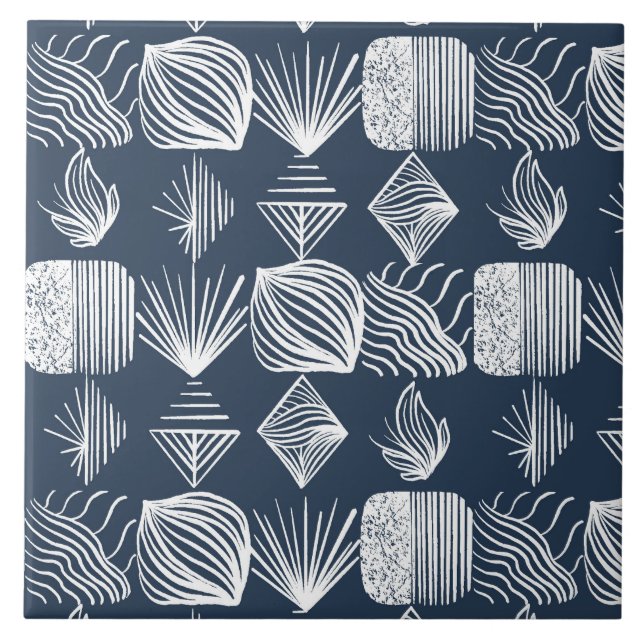 Bold Caribbean Tribal Mudcloth: Navy Blue& White Kakelplatta (Framsidan)