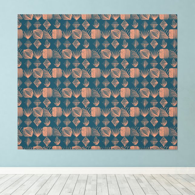Bold Caribbean Tribal Mudcloth: Teal, Coral Throw Canvastryck (Insitu (trägolv))