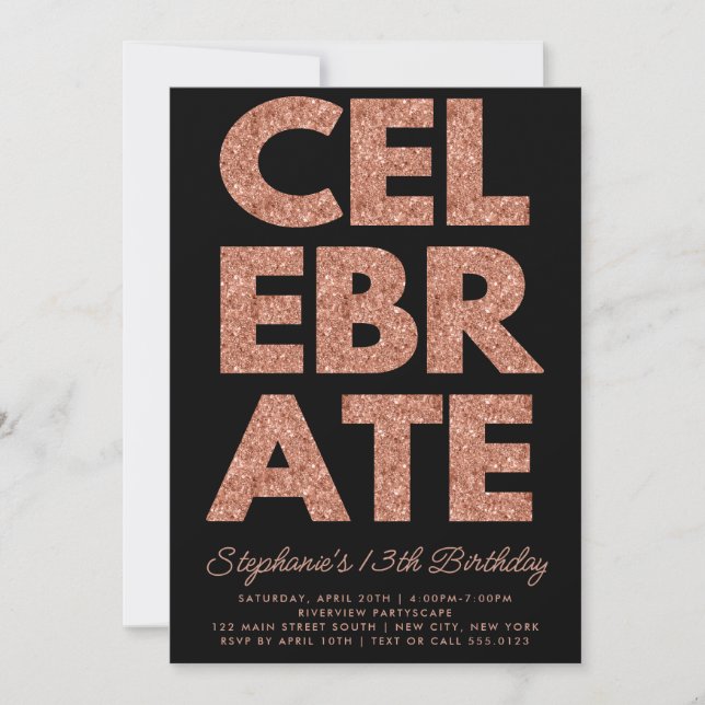 Bold CELEBRATE Black, Ro Guld Glitter födelsedag Inbjudningar (Framsida)