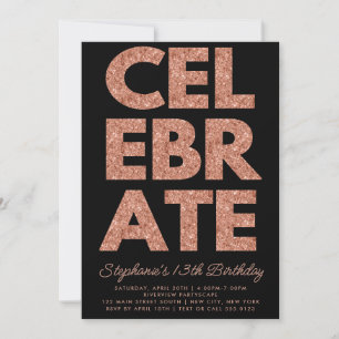 Bold CELEBRATE Black, Ro Guld Glitter födelsedag Inbjudningar