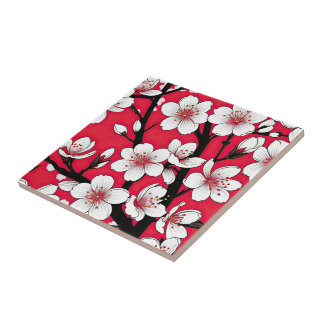 Bold Cherry Blossom Illustration on Red Kakelplatta