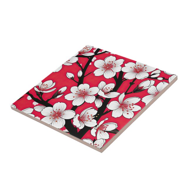 Bold Cherry Blossom Illustration on Red Kakelplatta (Sidan)