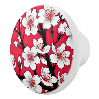 Bold Cherry Blossom Illustration on Red Knopp