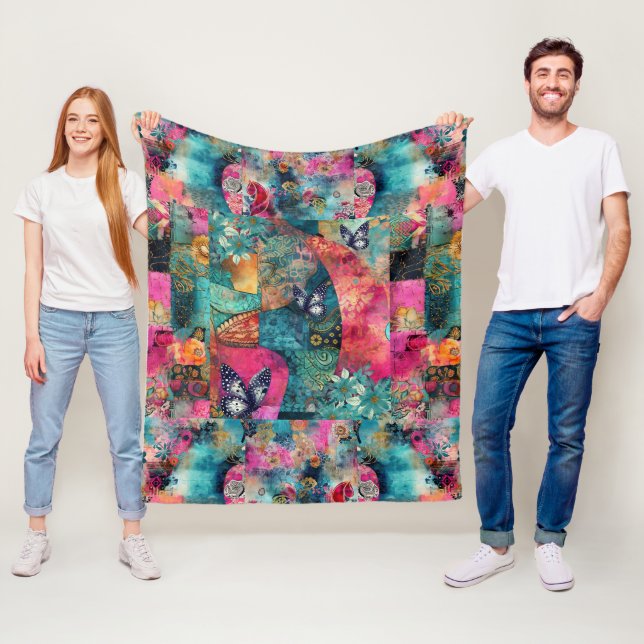Bold Colorful Boho Blommigt Patchwork Mönster Fleecefilt (På plats)