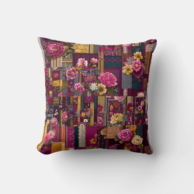 Bold Colorful Boho Blommigt Patchwork Mönster Kudde (Framsida)