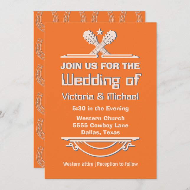 Bold Colorful Cowboy Western Guitar Bröllop Inbjudningar (Fram/baksida)