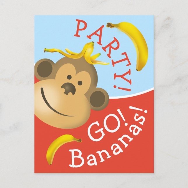 Bold Colorful Go Bananas Monkey Party Inbjudan Vykort (Framsida)