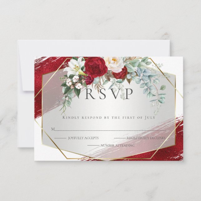 Bold Crimson Ivory Peony Blommigt Foil Strokes OSA Kort (Framsida)