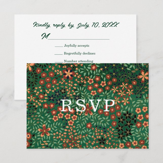 Bold Dark Green Red Floral Textile Wedding Meal OSA Kort (Fram/baksida)