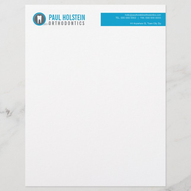 BOLD DENTIST LETTERHEAD: modern tandblått logotyp Brevhuvud (Framsida)