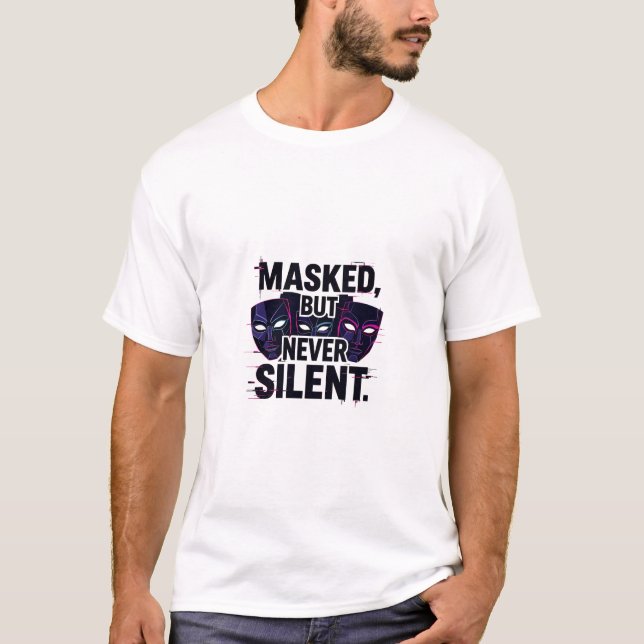 Bold Digital Art with Three Stylized Masks and "Ma T Shirt (Framsida)