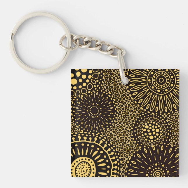 Bold Ethnic Floral Black Gold Acrylic Keychain (Framsidan)