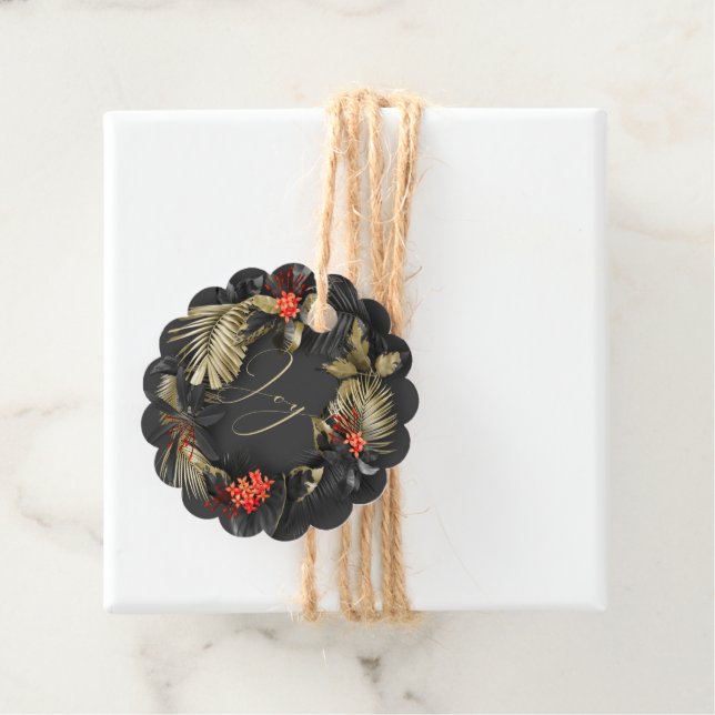 Bold Exotic Tropical Foliage Black Guld Red Gåvor Etiketter (På plats)