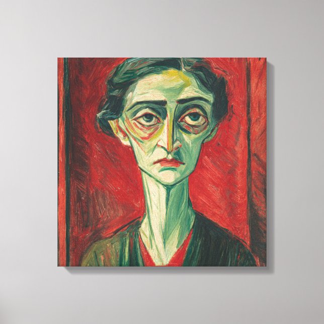 Bold Expressionist Portrait in Red and Green Canvastryck (Framsida)