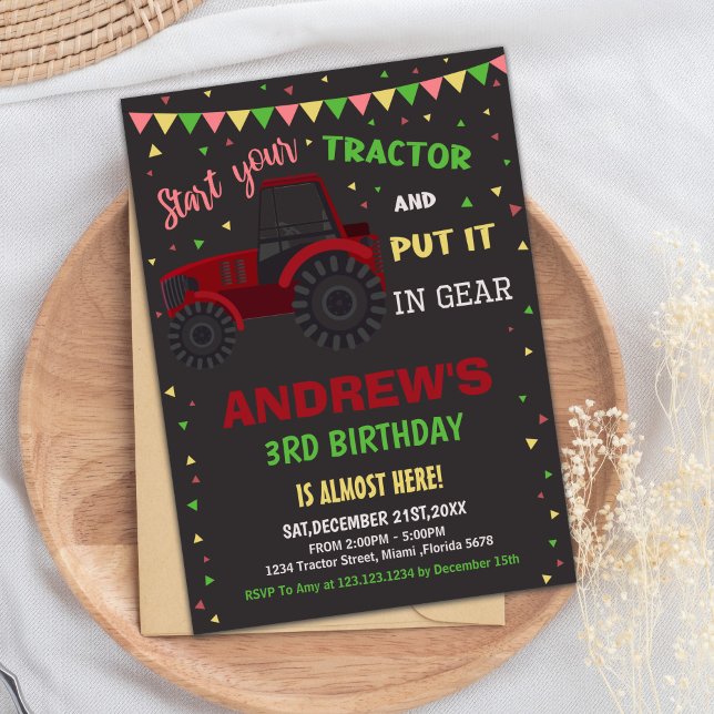 Bold Farm Party-kort för pojkar Inbjudningar (Red Black Tractor Birthday Invitations)