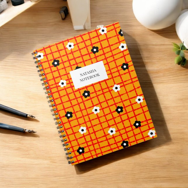 Bold Flower Orange Red Check Mönster Stationery Anteckningsbok (Skapare uppladdad)