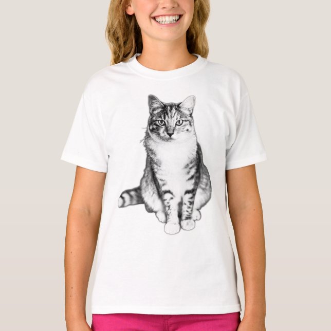 Bold Front View Tabby katt Bläck Illustration T Shirt (Framsida)