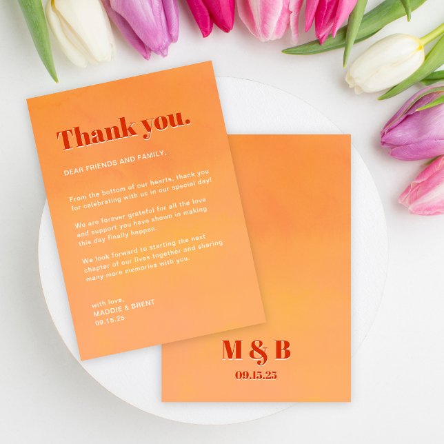 Bold Fun Modern Orange Sunset Monogram Wedding Tack Kort (Skapare uppladdad)