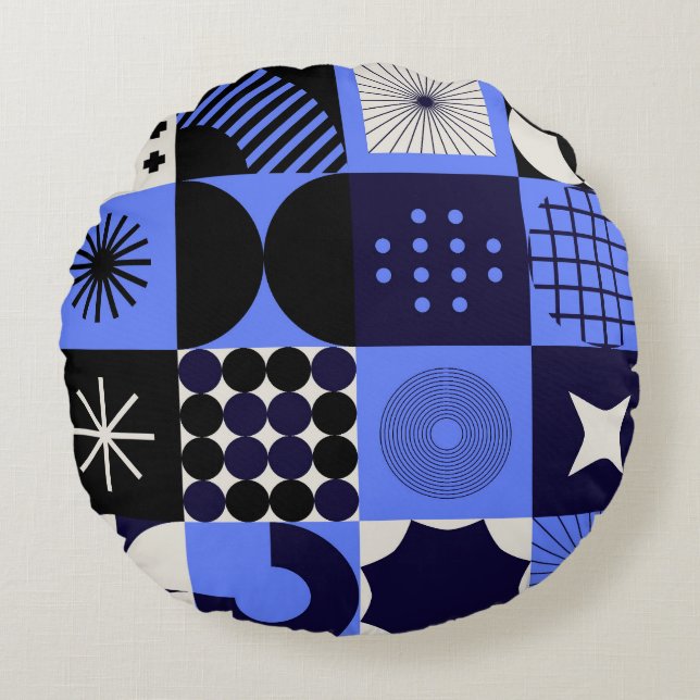 Bold Geometric Bauhaus Retrofuturistic Mönster Rund Kudde (Framsidan)
