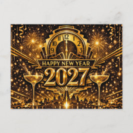 Bold Gold Art Deco City New Year 2027 Helg Vykort