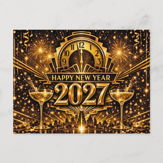 Bold Gold Art Deco City New Year 2027 Helg Vykort (Framsida)