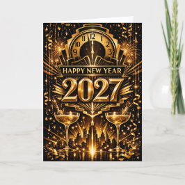Bold Gold Art Deco City New Year 2027 Helgkort