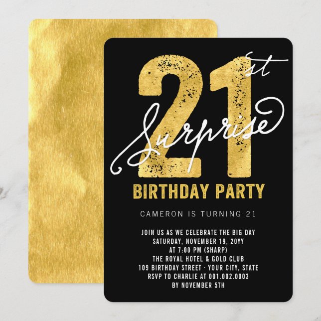 Bold Gold Foil Surprise 21 Birthday Party Inbjudan (Fram/baksida)
