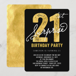 Bold Gold Foil Surprise 21 Birthday Party Inbjudan