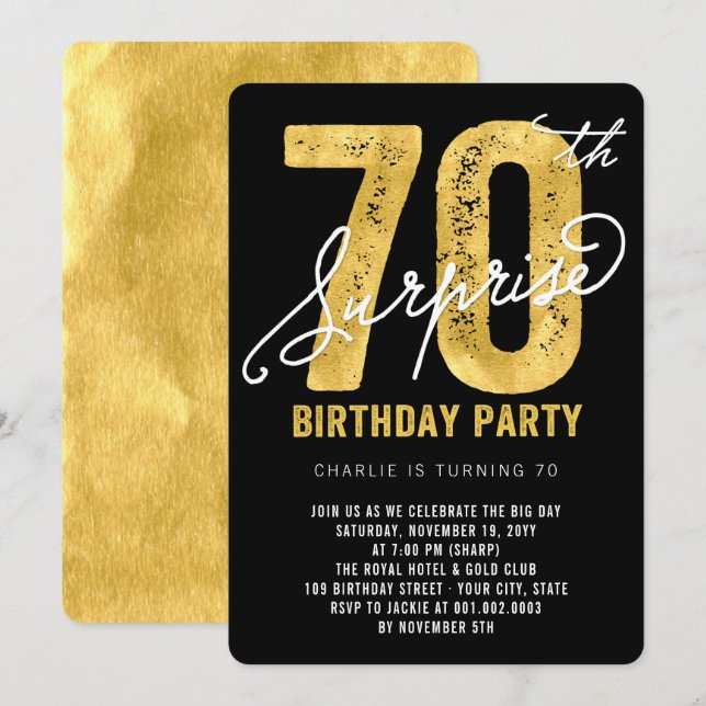 Bold Gold Foil Surprise 70 Födelsedagsfest Inbjuda Inbjudningar (Fram/baksida)