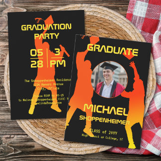 Bold Graphic Orange Black Graduation Party Photo Inbjudningar