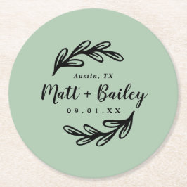 Bold Gren Bröllop Monogram Round Papper Underlägg