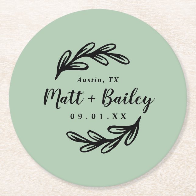 Bold Gren Bröllop Monogram Round Papper Underlägg (Framsidan)