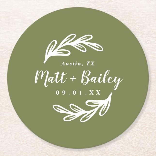 Bold Gren Bröllop Monogram Round Papper Underlägg (Framsidan)