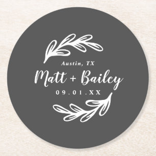 Bold Gren Bröllop Monogram Round Papper Underlägg Rund