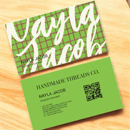 Bold Grönt Brun check Mönster QR-kod handgjord av Visitkort