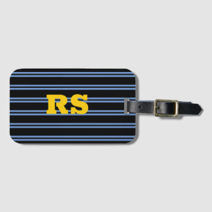 Bold Guld Monogram, Namn, Blue Linjer på Black Bagagebricka